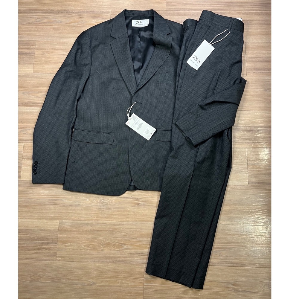 Zara Man Sartorial Suit Micro Check Blazer 44 Pants 36 Dark Grey NWT